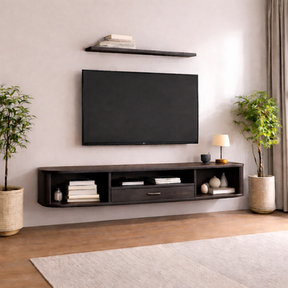 Floating Solid Wood TV Stand with Drawer and Open Shelves – Wall Mounted Media Console Kitchnce