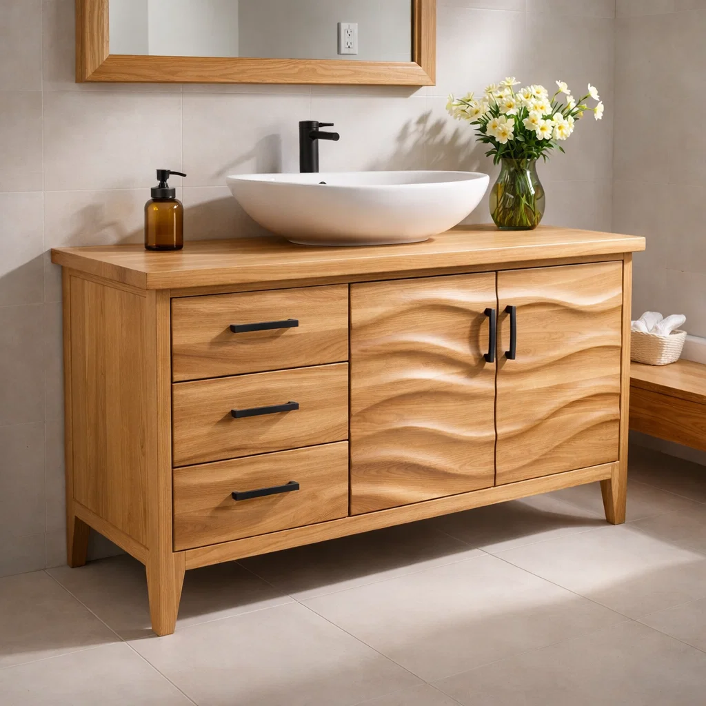 Solid Wood Bathroom Vanity with Wave Design & Drawers – Modern Rustic Base