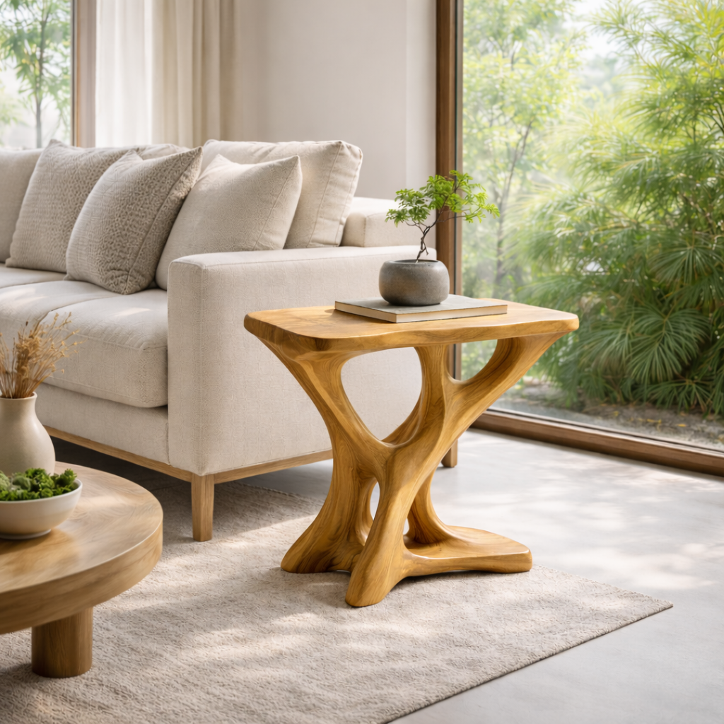 Solid Wood Sculptural End Table – Modern Organic Side Table for Living Room Kitchnce