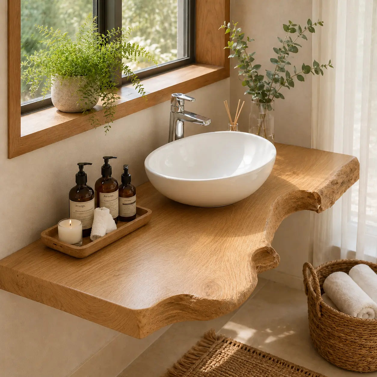 Live Edge Floating Vanity Shelf | Rich Grain Solid Wood Bathroom Counter Kitchnce