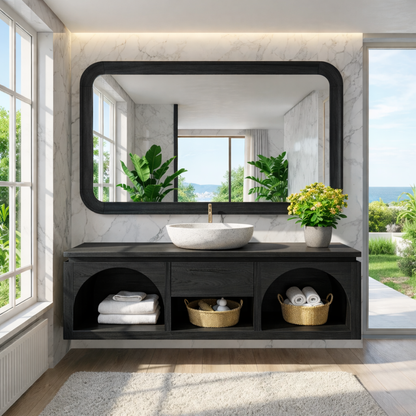 Modern Solid Wood Floating Vanity with Arched Shelves and Natural Finish Kitchnce