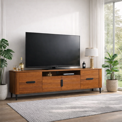 Modern Solid Wood TV Console with Drawers & Cabinets – Media Storage Stand