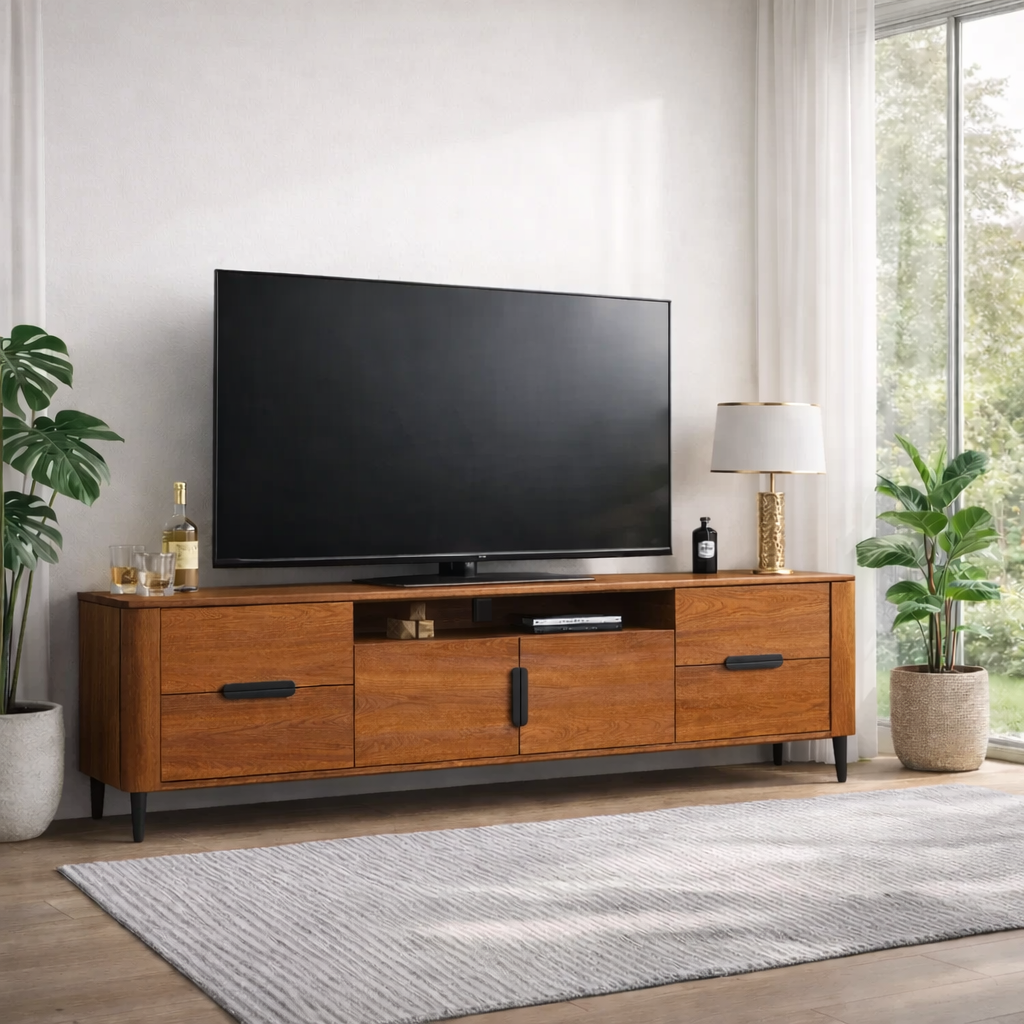 Modern Solid Wood TV Console with Drawers & Cabinets – Media Storage Stand