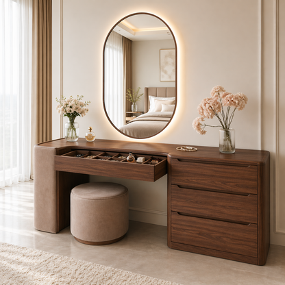 Modern Makeup Vanity Desk With LED Mirror Drawers Dressing Table Bedroom Storage Set