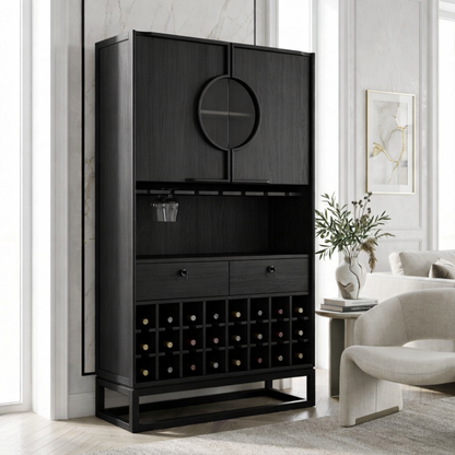 Contemporary Wooden Bar Cabinet, Sophisticated Wine Storage Hutch with Circular Doors