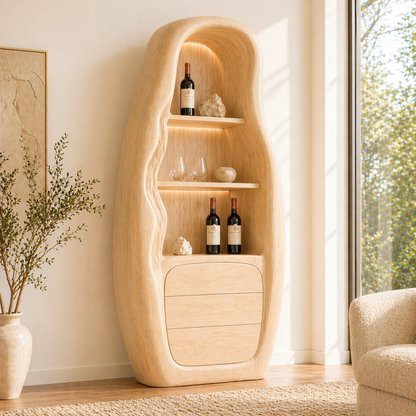 Sculptural Tall Wine Cabinet Freestanding Bar Storage Display Shelves With Drawers