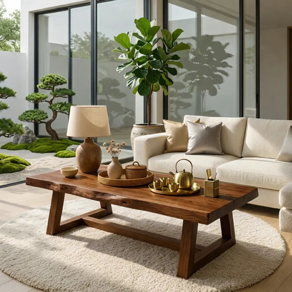 Rustic Solid Wood Coffee Table with Live Edge Top and Trestle Base for Living Room Kitchnce