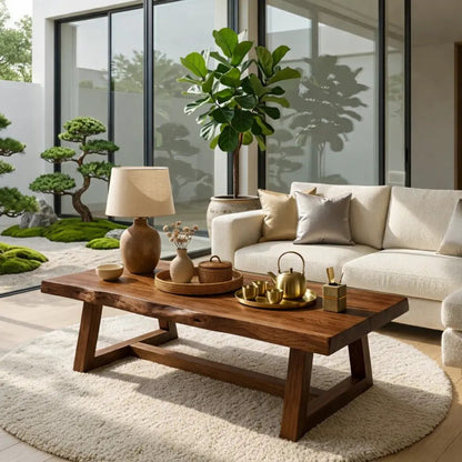 Rustic Solid Wood Coffee Table with Live Edge Top and Trestle Base for Living Room Kitchnce