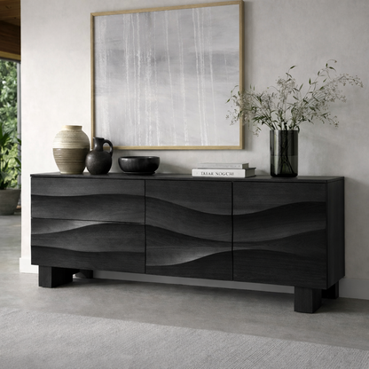 Solid Wood Wave Front Console Cabinet – Modern Sculpted Storage Sideboard