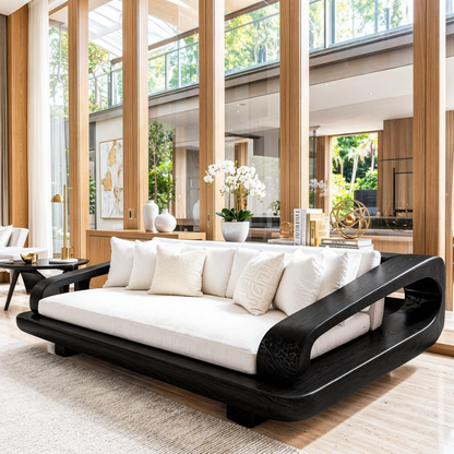 Luxury Wooden Platform Sofa, Minimalist Lounge Couch with Oversized White Cushions