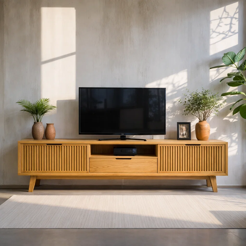 Solid Wood Media Console with Slatted Doors – Modern TV Stand with Storage