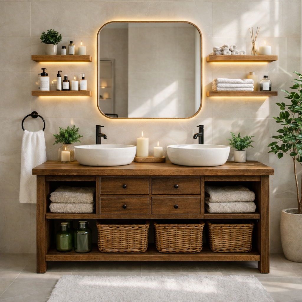 Modern Farmhouse Double Bathroom Vanity Cabinet With Drawers Open Shelf Storage Kitchnce