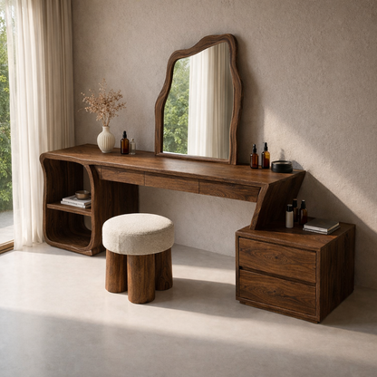 Solid Wood Makeup Vanity with Sculptural Mirror and Storage – Modern Design