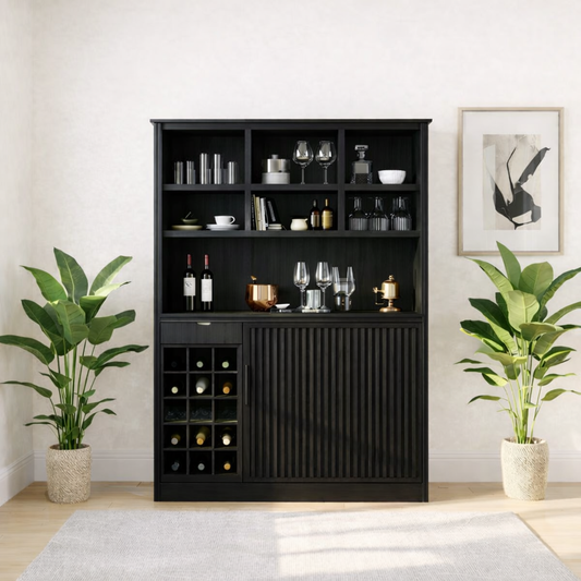 Modern Wine Cabinet with Bottle Rack, Display Shelves and Sliding Door Storage