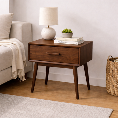 Solid Wood End Table with Drawer – Mid Century Modern Walnut Nightstand Side Table Kitchnce