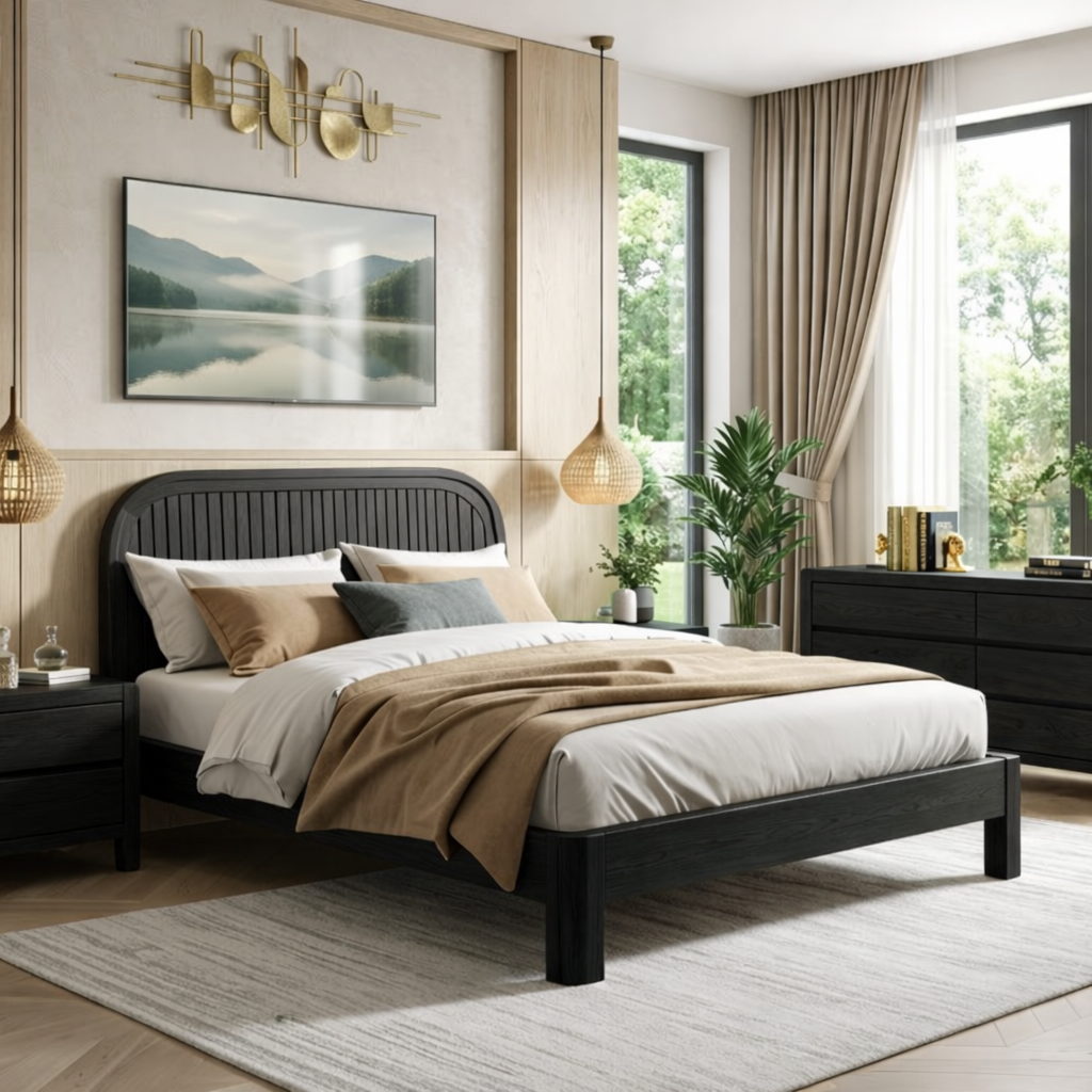 Modern Slatted Wood Bed Frame, Minimalist Platform Bedroom Furniture Design