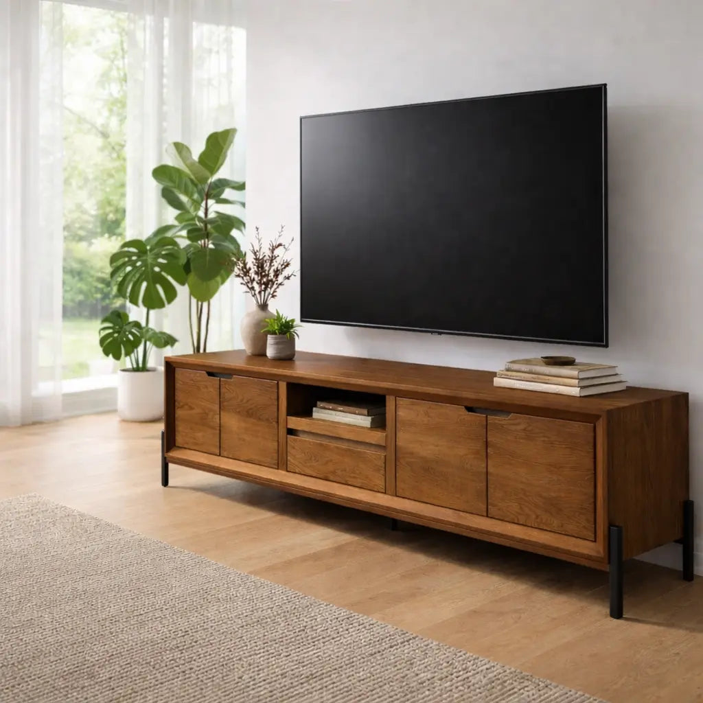 Solid Wood TV Cabinet – Modern Walnut Media Console with Storage Kitchnce