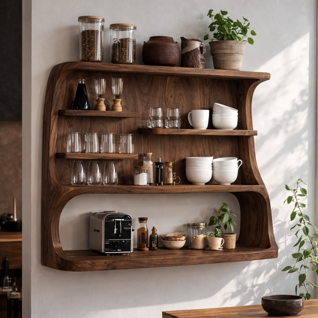 Solid Wood Floating Kitchen Cabinet with Open Shelves | Modern Storage Display