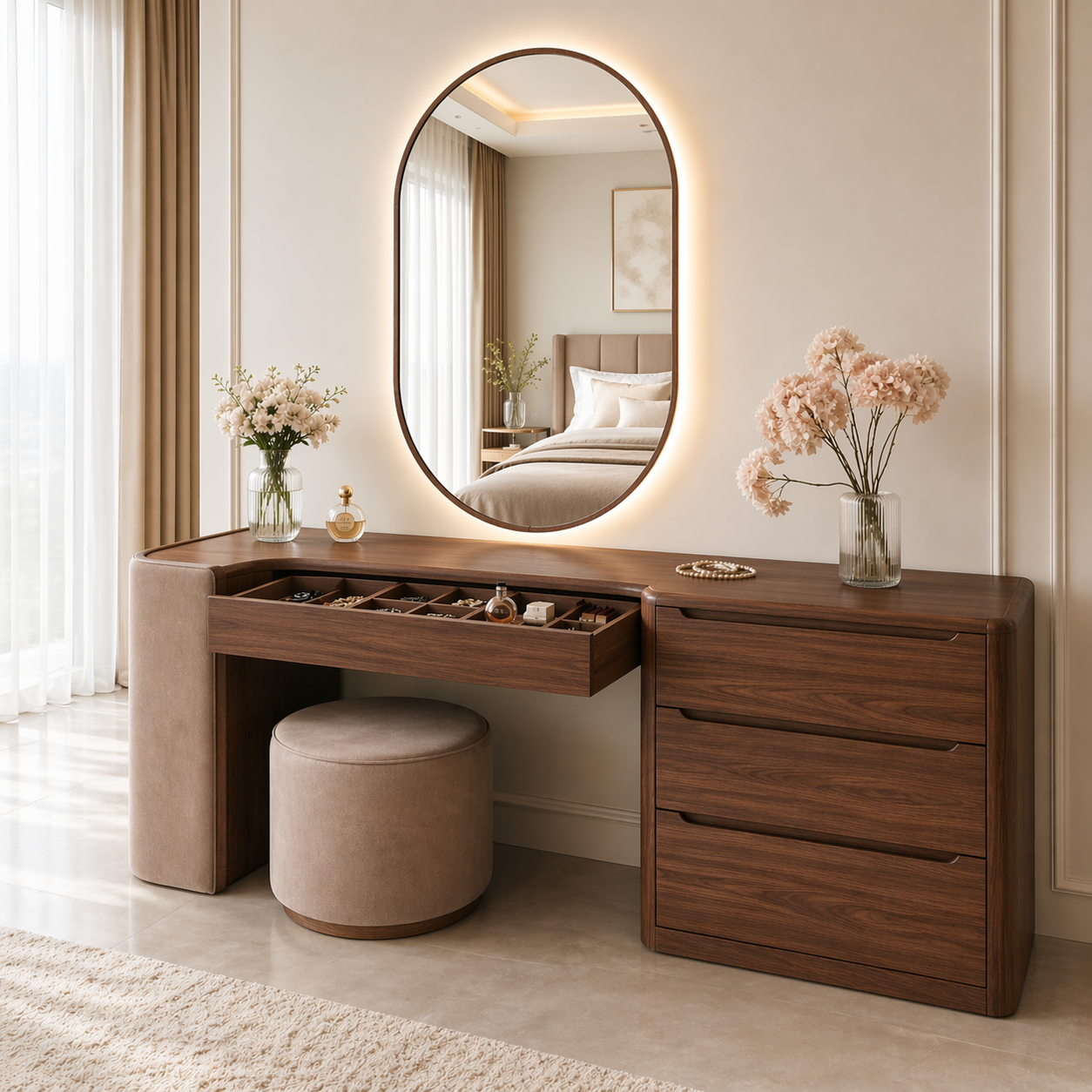 Modern Makeup Vanity Desk With LED Mirror Drawers Dressing Table Bedroom Storage Set