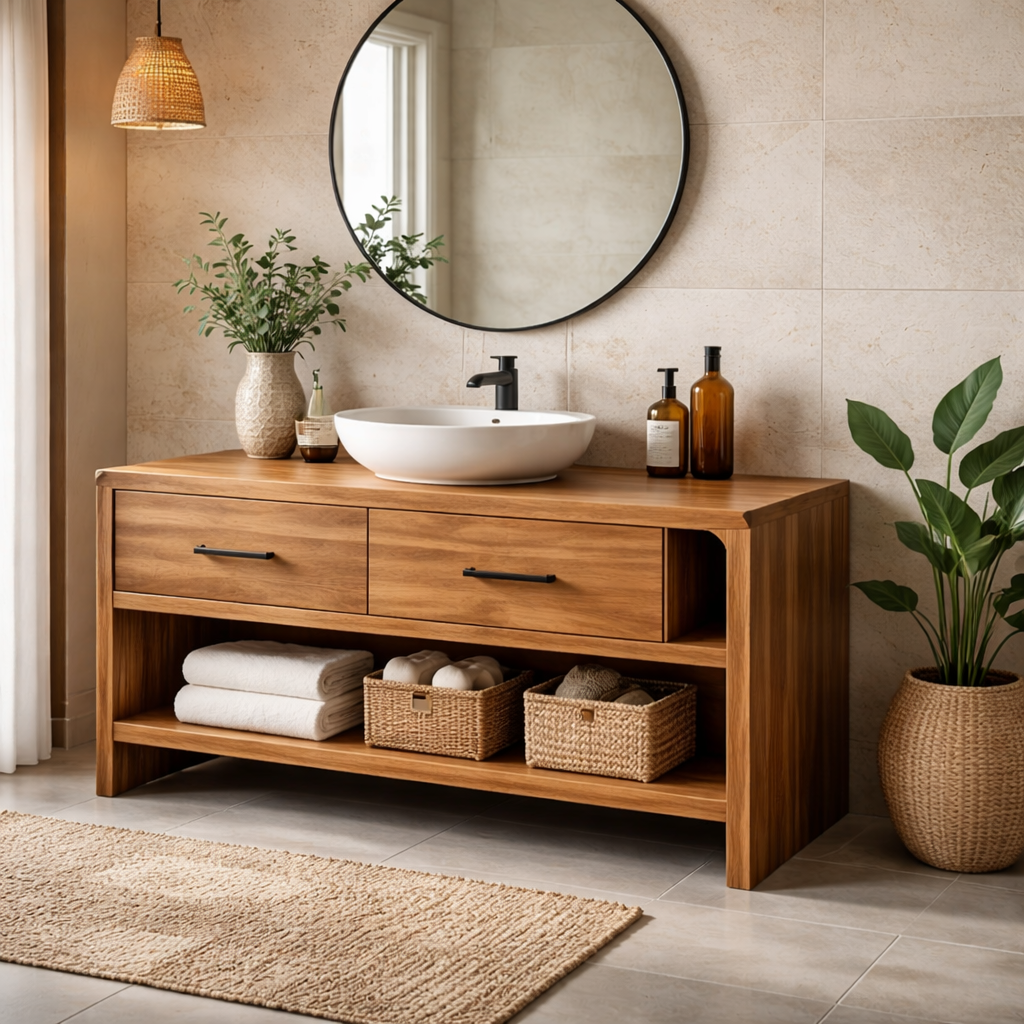 Solid Wood Bathroom Vanity with Drawers and Open Shelf – Modern Vanity Cabinet