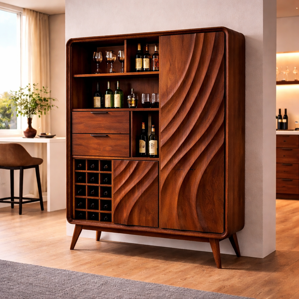 Solid Walnut Bar Cabinet with Wine Storage and Sculpted Wave Doors