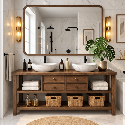Modern Wooden Bathroom Vanity with Dual Marble Sinks and Ample Storage Kitchnce