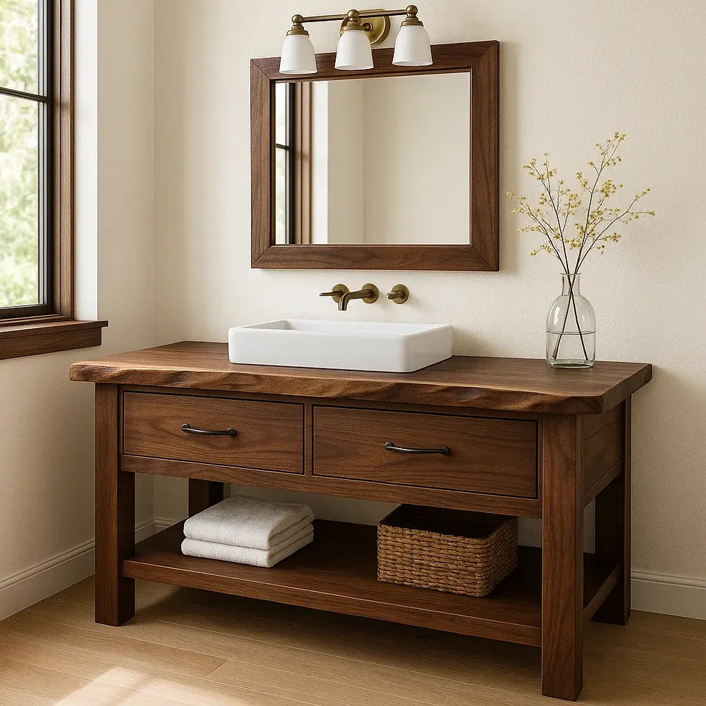 Handcrafted Solid Wood Bathroom Vanity with Live Edge Top and Double Drawer Storage Kitchnce