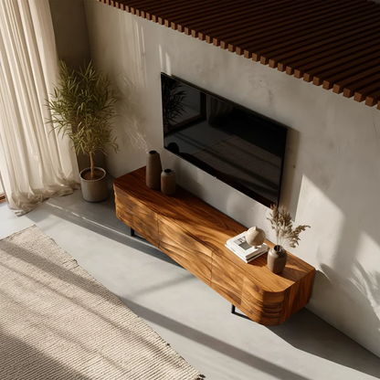 Solid Wood TV Stand Modern Walnut Media Console with Wave Front Design