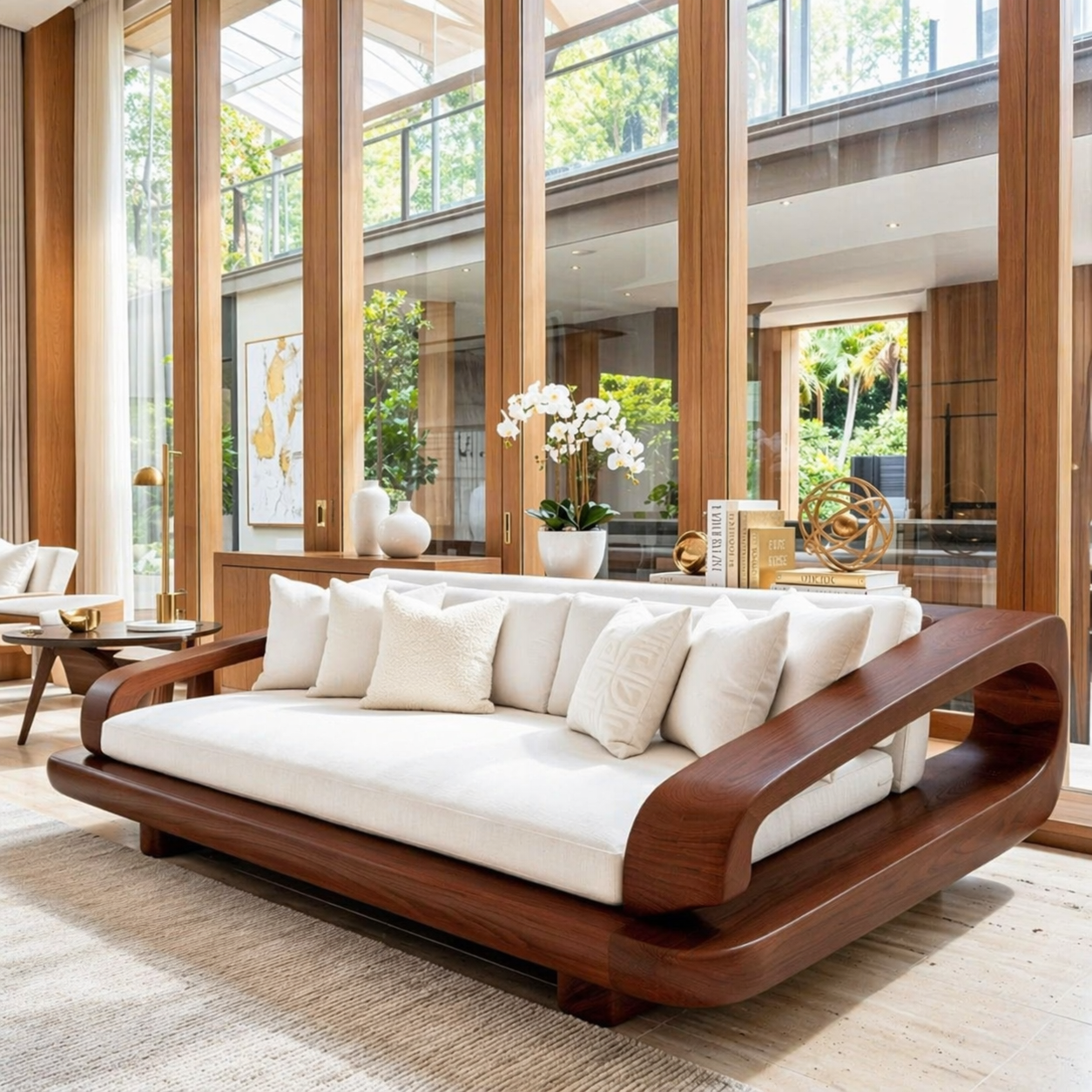 Luxury Wooden Platform Sofa, Minimalist Lounge Couch with Oversized White Cushions