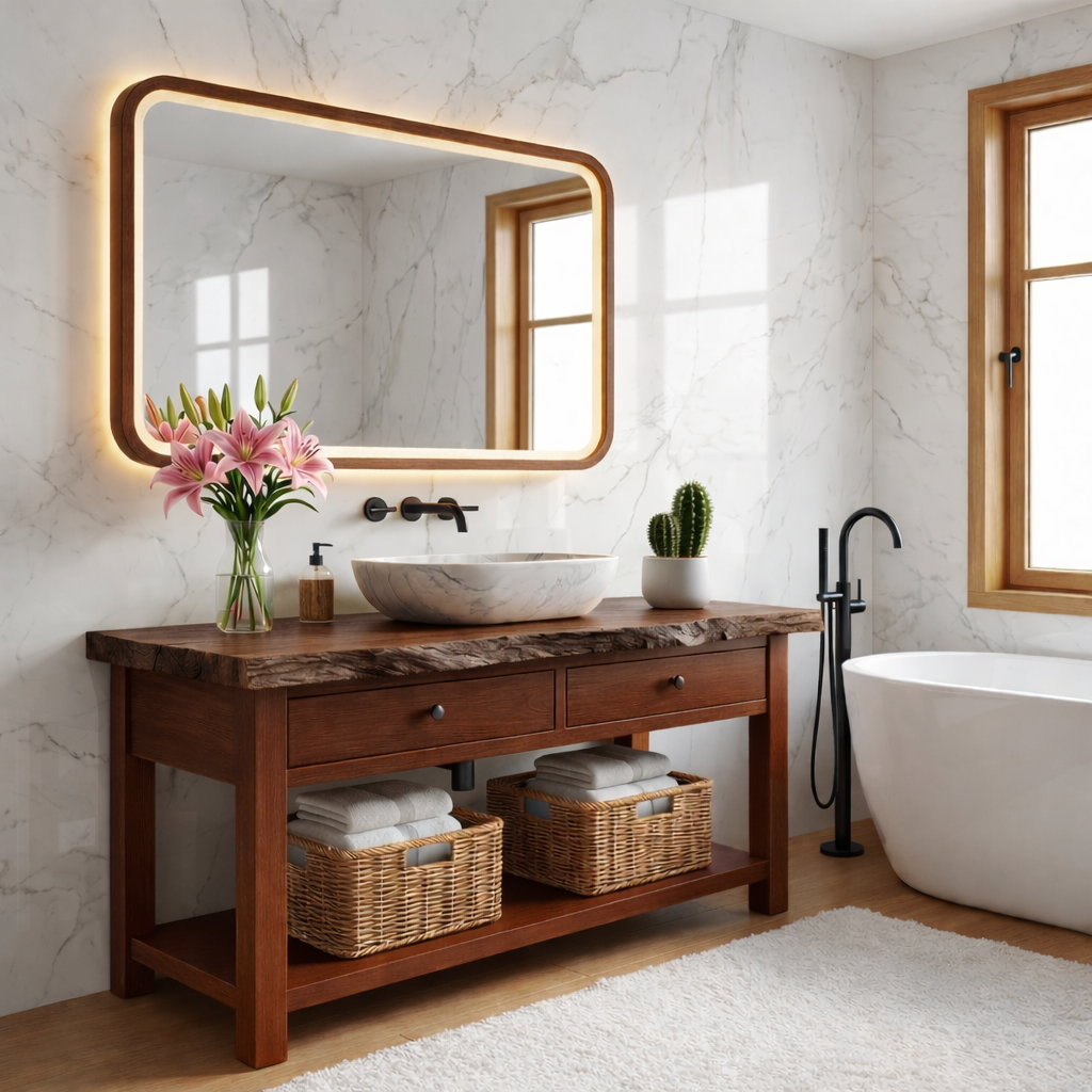 Modern Wooden Bathroom Vanity with Marble Sink and LED Mirror Kitchnce