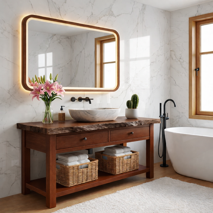 Modern Wooden Bathroom Vanity with Marble Sink and LED Mirror Kitchnce