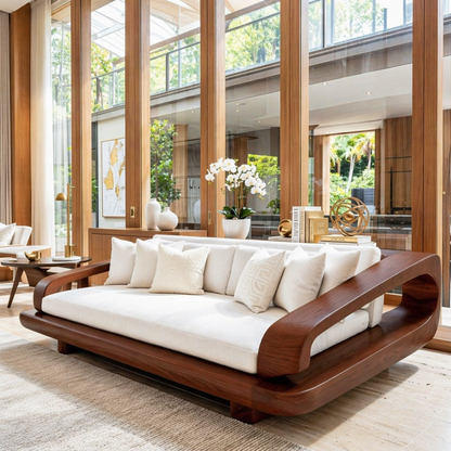 Luxury Wooden Platform Sofa, Minimalist Lounge Couch with Oversized White Cushions