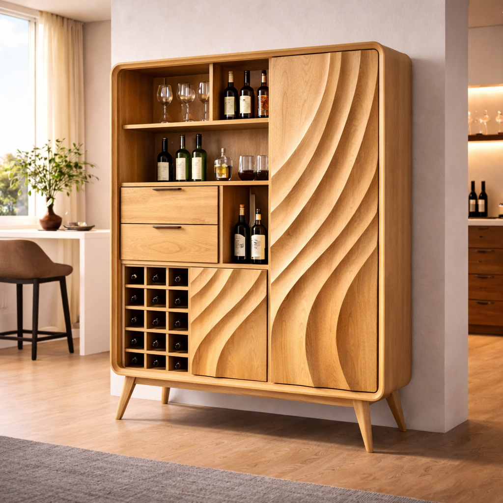 Solid Walnut Bar Cabinet with Wine Storage and Sculpted Wave Doors