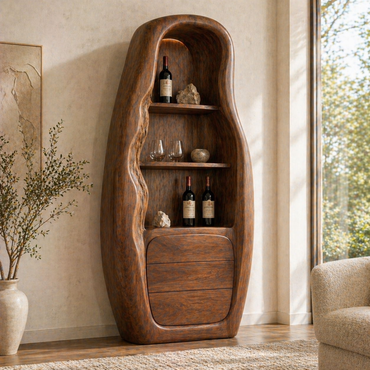 Sculptural Tall Wine Cabinet Freestanding Bar Storage Display Shelves With Drawers