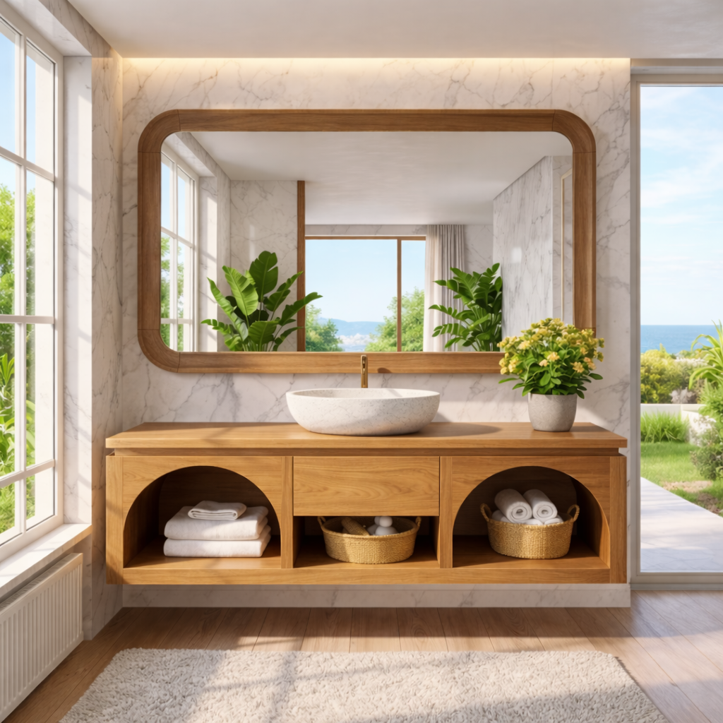 Modern Solid Wood Floating Vanity with Arched Shelves and Natural Finish Kitchnce