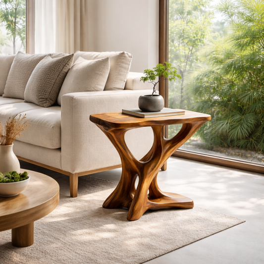 Solid Wood Sculptural End Table – Modern Organic Side Table for Living Room Kitchnce