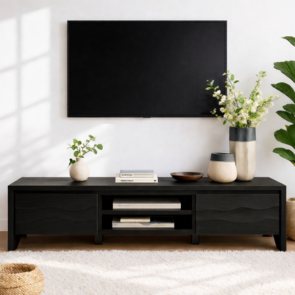 Modern Wave Front Wood TV Stand Long Media Console With Storage and Open Shelf Kitchnce