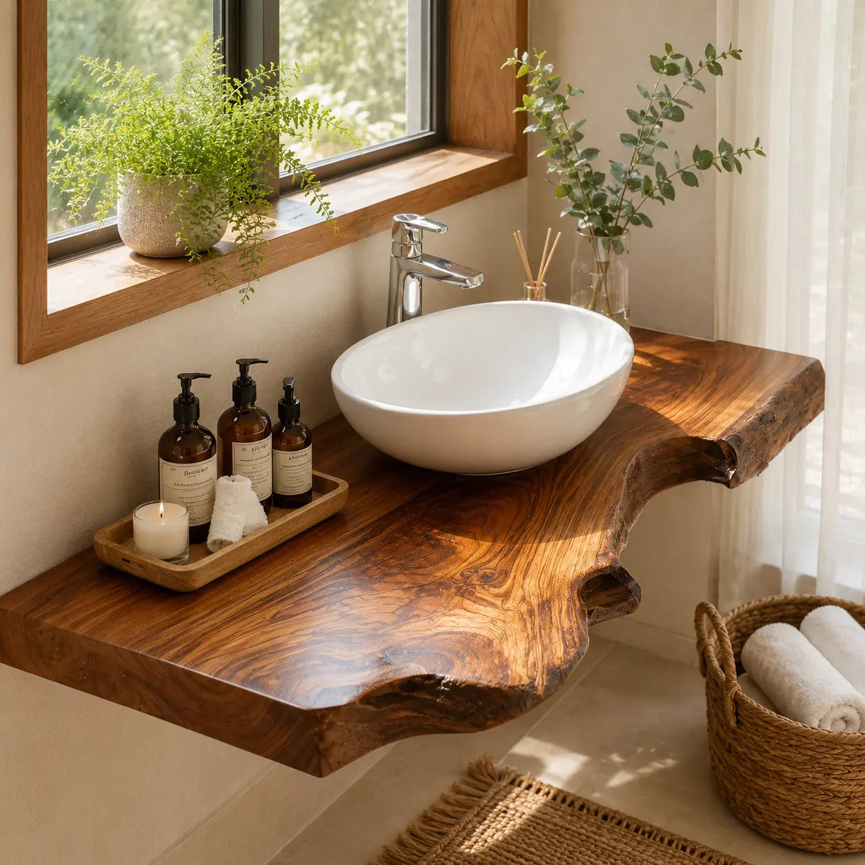 Live Edge Floating Vanity Shelf | Rich Grain Solid Wood Bathroom Counter Kitchnce