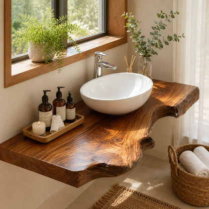 Live Edge Floating Vanity Shelf | Rich Grain Solid Wood Bathroom Counter Kitchnce