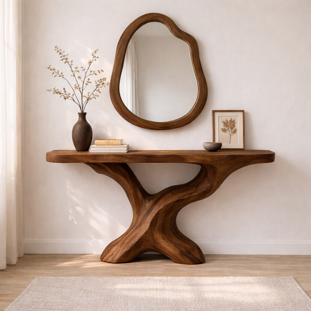 Sculptural Solid Wood Console Table, Organic Tree Base Entryway Table