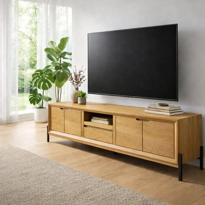 Solid Wood TV Cabinet – Modern Walnut Media Console with Storage Kitchnce