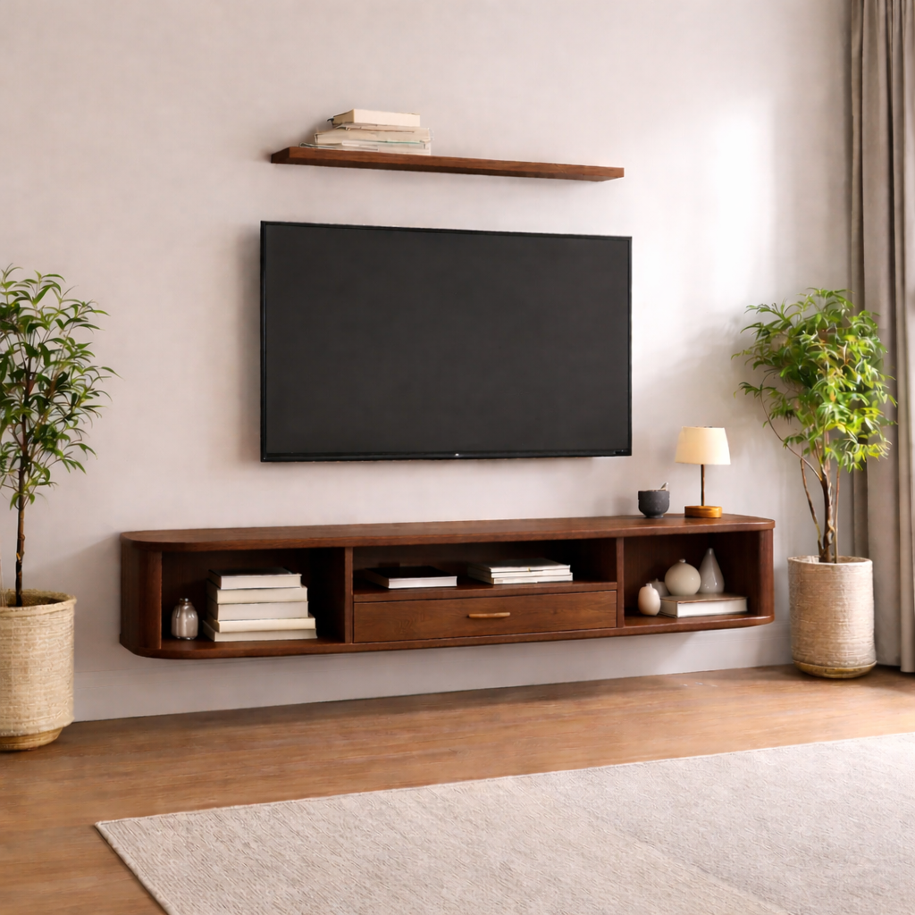 Floating Solid Wood TV Stand with Drawer and Open Shelves – Wall Mounted Media Console Kitchnce