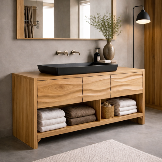 Solid Walnut Wood Bathroom Vanity Cabinet with Drawers & Open Shelf – Modern Vanity Base