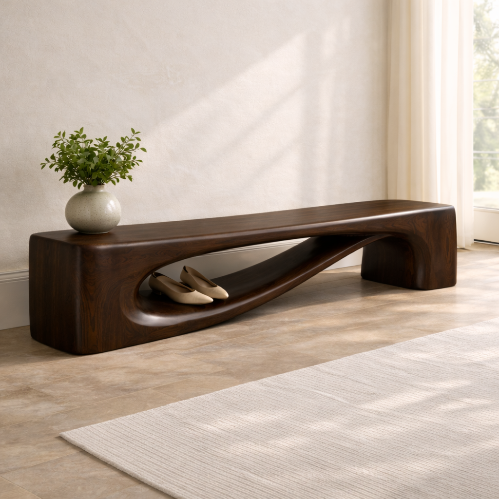 Modern Entryway Bench with Shelf Sculptural Hallway Seat Organic Statement Furniture