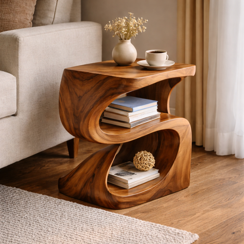 Solid Wood Sculptural End Table with Open Shelf – Modern Curved Side Table