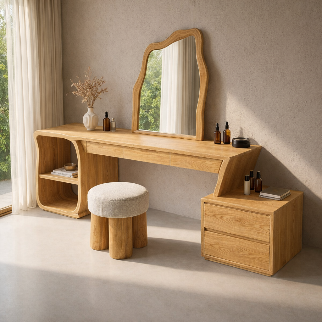 Solid Wood Makeup Vanity with Sculptural Mirror and Storage – Modern Design