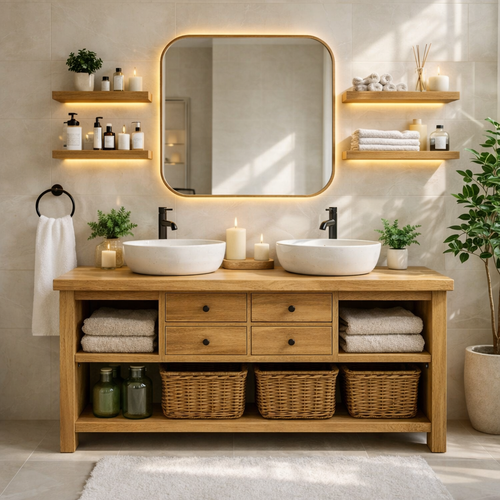 Modern Farmhouse Double Bathroom Vanity Cabinet With Drawers Open Shelf Storage Kitchnce