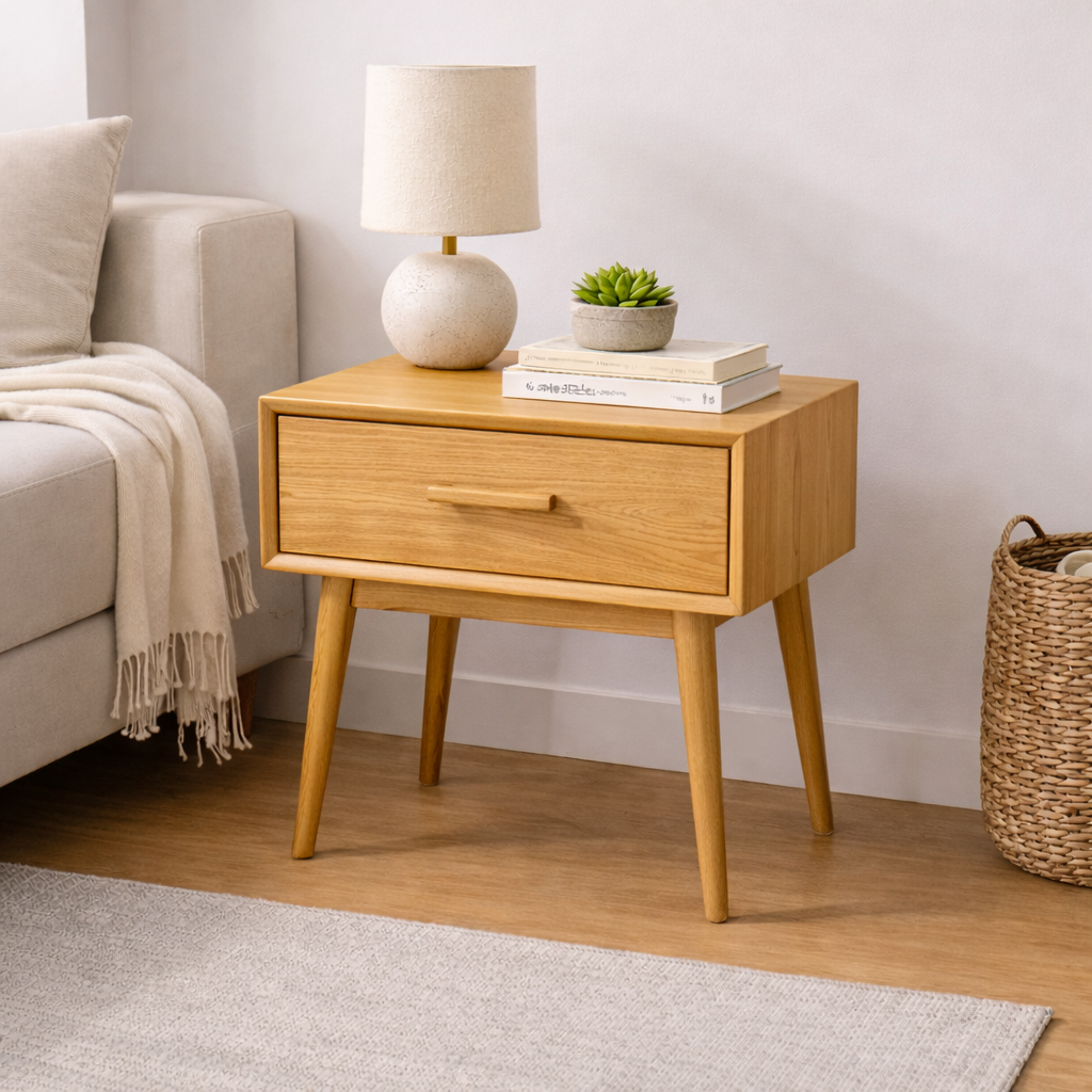 Solid Wood End Table with Drawer – Mid Century Modern Walnut Nightstand Side Table Kitchnce