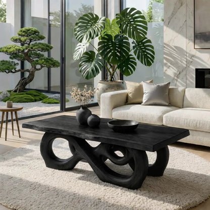 Sculptural Solid Wood Coffee Table with Artistic Carved Base, Modern Living Room Table Kitchnce