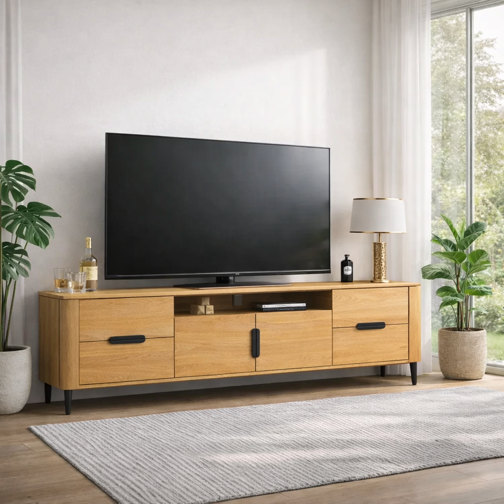 Modern Solid Wood TV Console with Drawers & Cabinets – Media Storage Stand